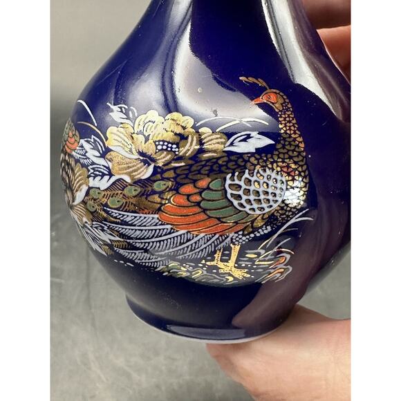 Vintage Small Japanese Kutani Porcelain Vase Peacocks Colbalt Blue 4.75 Inch - Picture 6 of 8